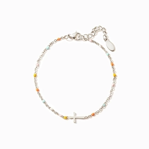 Bracelet croix en argent sterling S925 avec perles colorées et chaîne ajustable fine