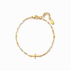Bracelet Croix en Argent Sterling S925 pour Femmes Minimaliste Mode Perles d'Émail Colorées Chaîne Réglable Bijoux Cadeau