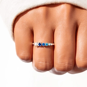 S925 sterling silver shooting star and moon ring with gradient blue gemstones on model