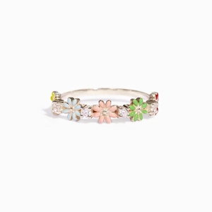 Bague en argent S925 avec fleurs colorées en émail et zircons cubiques scintillants
