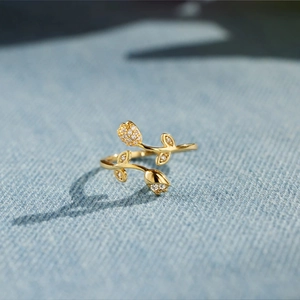 925 Sterling Silver Flower Tulip Open Ring Gold Color Rhinestone Inlaid Adjustable Finger Ring Fashion Jewelry For Women