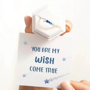 S925 sterling silver shooting star ring with blue gradient sapphires in a white gift box
