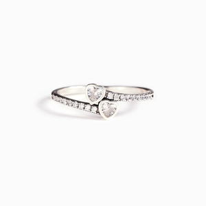 S925 sterling silver ring featuring double heart-shaped cubic zirconia and pavé setting