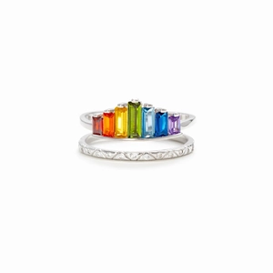 Elegant S925 sterling silver rainbow zircon ring set with gradient rectangle gemstones