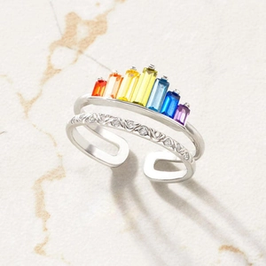 S925 sterling silver rainbow zircon ring with double-layered adjustable open band