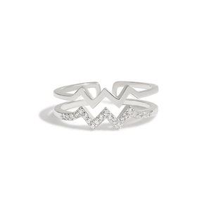 Double layer S925 sterling silver ring with wave design and sparkling zircon stones