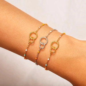 S925 sterling silver interlocking double circle bracelet with colorful enamel beads