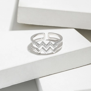 Double layer wave s925 silver ring with sparkling zircon stones and adjustable open band