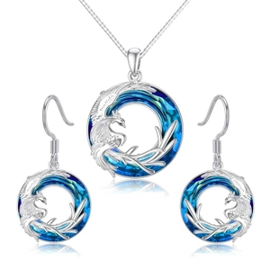Set collana e orecchini fenice in argento S925 con pendenti in cristallo blu