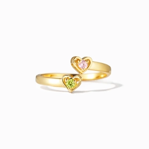 Minimalist S925 sterling silver bypass ring with pink and green heart-shaped gemstones