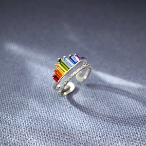Detailed shot of S925 silver double-layered ring featuring colorful rainbow zircon stones