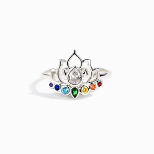 S925 sterling silver lotus ring with teardrop clear stone and rainbow zircon accents