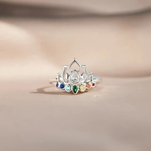 S925 Sterling Silver Lotus Rebirth Ring For Women Colorful Pear Shaped Zirconia Rainbow Chakra Fashion Jewelry Finger Ring
