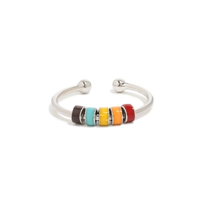 Macro shot of s925 silver anxiety ring with five rotating colorful enamel beads
