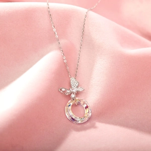 Collier Pendentif Papillon en Argent Sterling S925 pour Femme Avec Zirconia et Anneau en Cristal Artificiel Aurora Bijoux de Mode