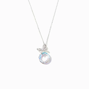 Collier papillon en argent sterling S925 avec pendentif anneau en cristal aurora