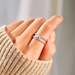 S925 Sterling Silber Doppelring mit rechteckigem Zirkon und Pavé-Fassung für Damen