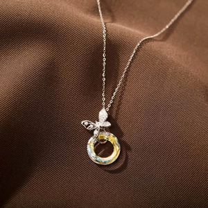 Collier papillon en argent sterling S925 avec zircon et pendentif en cristal aurora