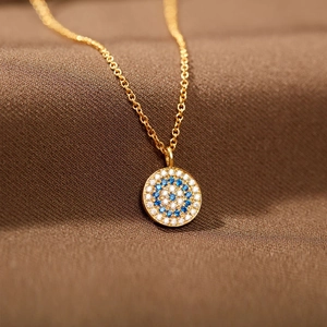 Collier Pendentif Disque Mauvais Œil en Argent Sterling 925 pour Femme Plqué Or Géométrique avec Strass Incrustés Bijoux
