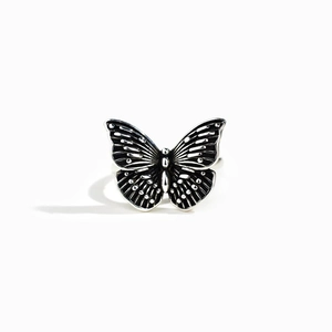 Minimalist S925 sterling silver black butterfly ring with retro textured wings for women