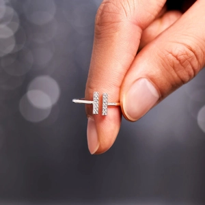 Minimalist S925 sterling silver open ring with double T-bar pavé zircon stones