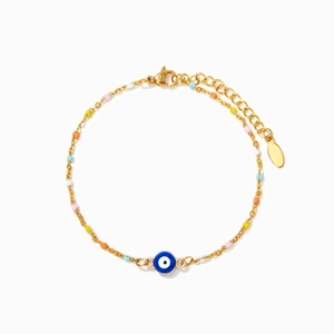 Bracelet Mauvais Œil en Argent Sterling S925 Plaqué Or Perles Colorées Émail Chaîne Protection Bijoux pour Femme Mode