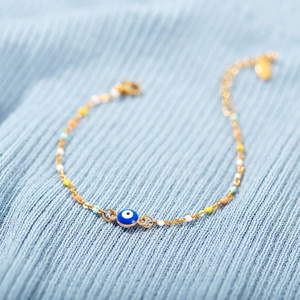 Bracelet Oeil Maléfique en Argent S925 Plaqué Or avec Perles Multicolores