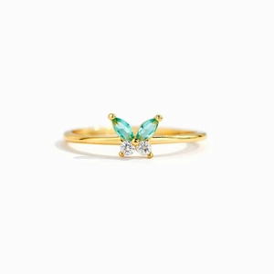 Bague papillon minimaliste en argent s925 avec pierres vertes et zircons dorés