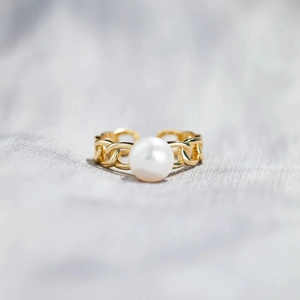 Minimalist Artificial Pearl Ring 925 Sterling Silver Link Chain Design Adjustable Fashion Finger Jewelry For Women Golden