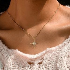 S925 silver North Star necklace with sparkling cubic zirconia on a gold chain