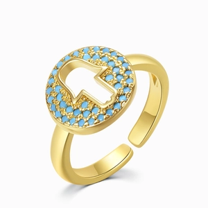 Adjustable S925 sterling silver golden Hamsa ring with turquoise blue stones