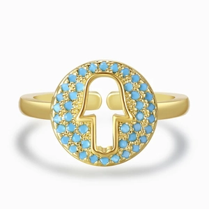 925 Sterling Silver Hamsa Hand Turquoise Open Ring Vintage Boho Adjustable Gold Plated Hollow Out Finger Ring For Women