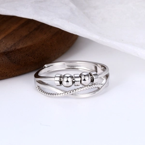 S925 Sterling Silver Spinning Bead Anxiety Ring with Multi-Layer Twisted Rope Band