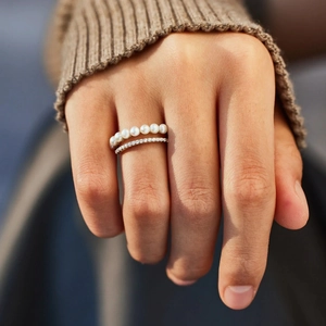 Elegant s925 silver double layer ring featuring white pearls and micro-pave zircons