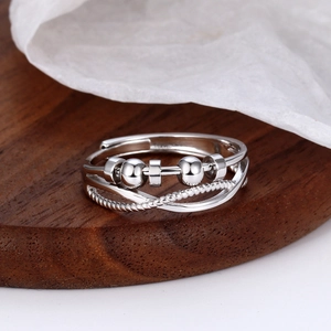 Adjustable S925 sterling silver spinning beads ring with twisted rope design