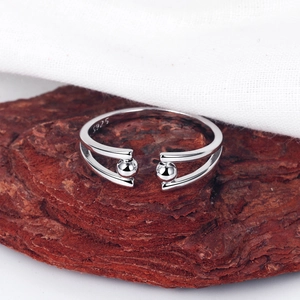 Minimalist S925 sterling silver open ring featuring dual bands and polished metal beads