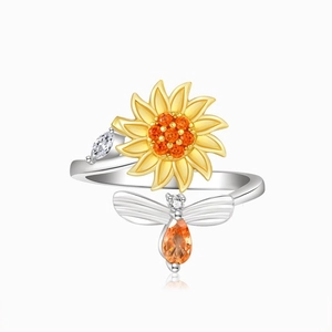 S925 sterling silver spinning sunflower and bee ring with orange zircon stones