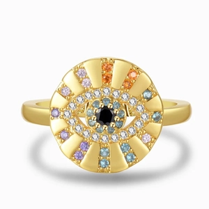 S925 sterling silver evil eye ring with colorful zircons and golden adjustable band