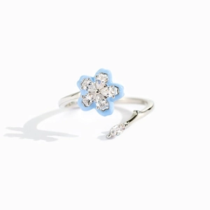 Adjustable S925 sterling silver ring with blue enamel flower and sparkling zircon petals