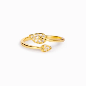 Elegant gold leaf ring in S925 sterling silver with zircon inlay and adjustable open design