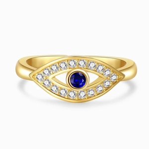 Adjustable S925 sterling silver ring with blue evil eye and sparkling white zirconias