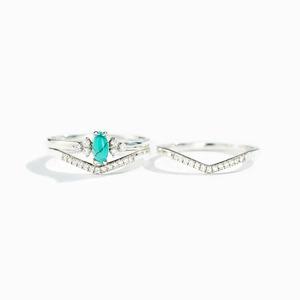 S925 sterling silver stacking ring set featuring marquise turquoise and V-shaped band