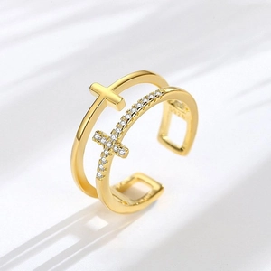Close-up of S925 sterling silver hallmark on dual layer double cross ring with zircon