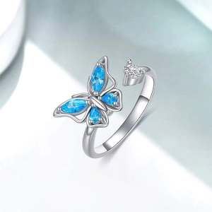 Anello aperto a farfalla in argento sterling S925 con pietre di zircone blu per donna