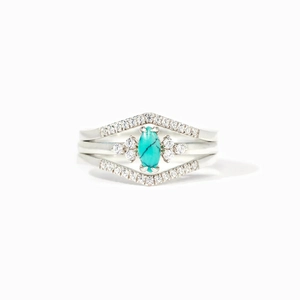 Three-piece stackable S925 silver ring set with marquise turquoise and V-shaped bands
