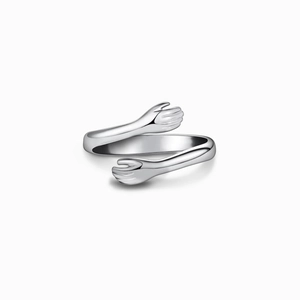 Minimalist S925 sterling silver hugging hands open ring with a polished mirror finish