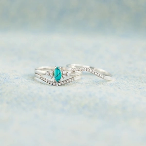 925 Sterling Silver Turquoise Ring Set For Women Marquise Cut Green Stone Rhinestone Stacking Band Simple Fashion Jewelry
