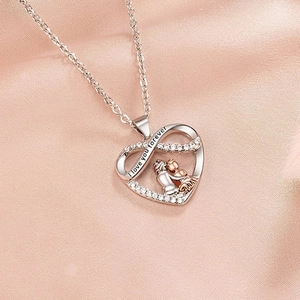 Collier Pendentif Cœur en Argent Sterling 925 Forever Love Mère Enfant Gravé Strass Bijoux Femme Plaqué Or Blanc