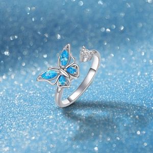Anello Fidget a Farfalla in Argento Sterling S925 per Donna Anello Aperto Regolabile con Strass Blu Rotante Gioielli Antistress