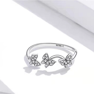 925 Sterling Silver Butterfly Rhinestone Open Ring For Women Minimalist Adjustable Finger Ring Jewelry Graduation Gift